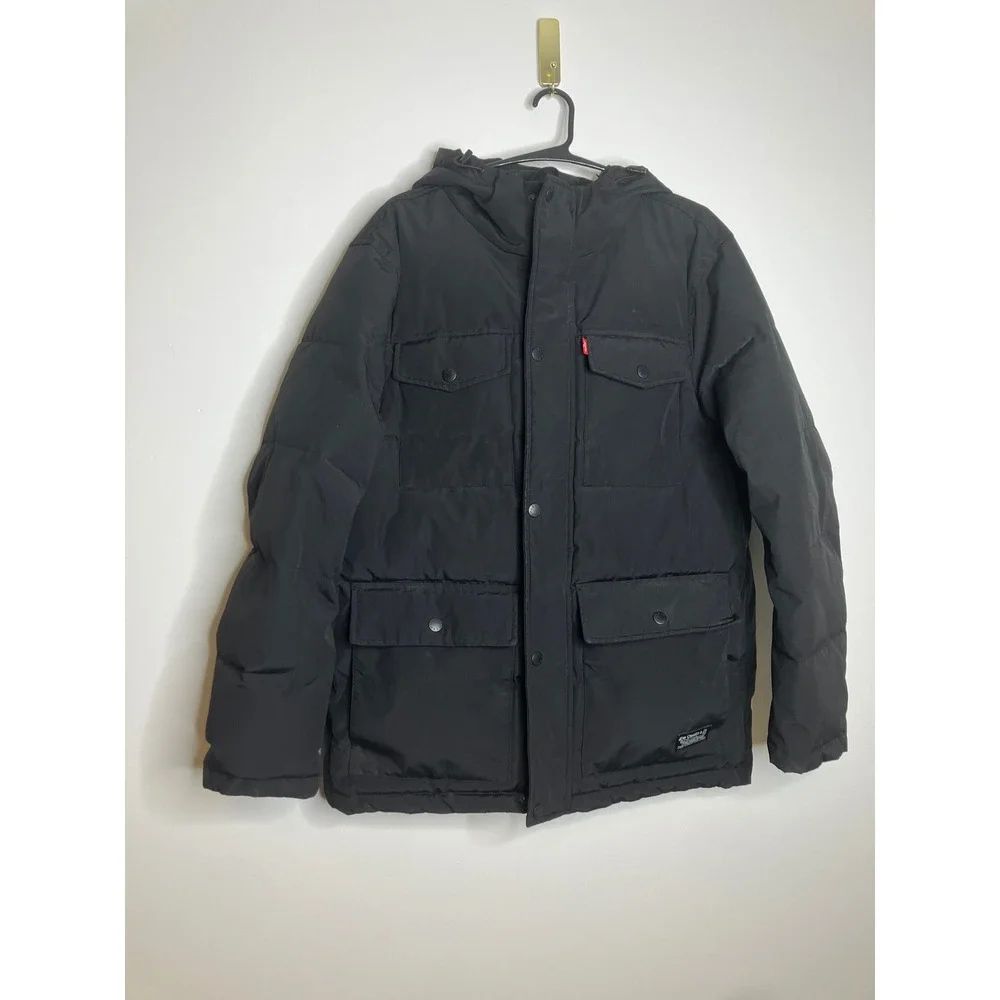 Levi's Hooded Parka Jacket Mens Medium Black Good Arctic Cloth Quilted Puffer